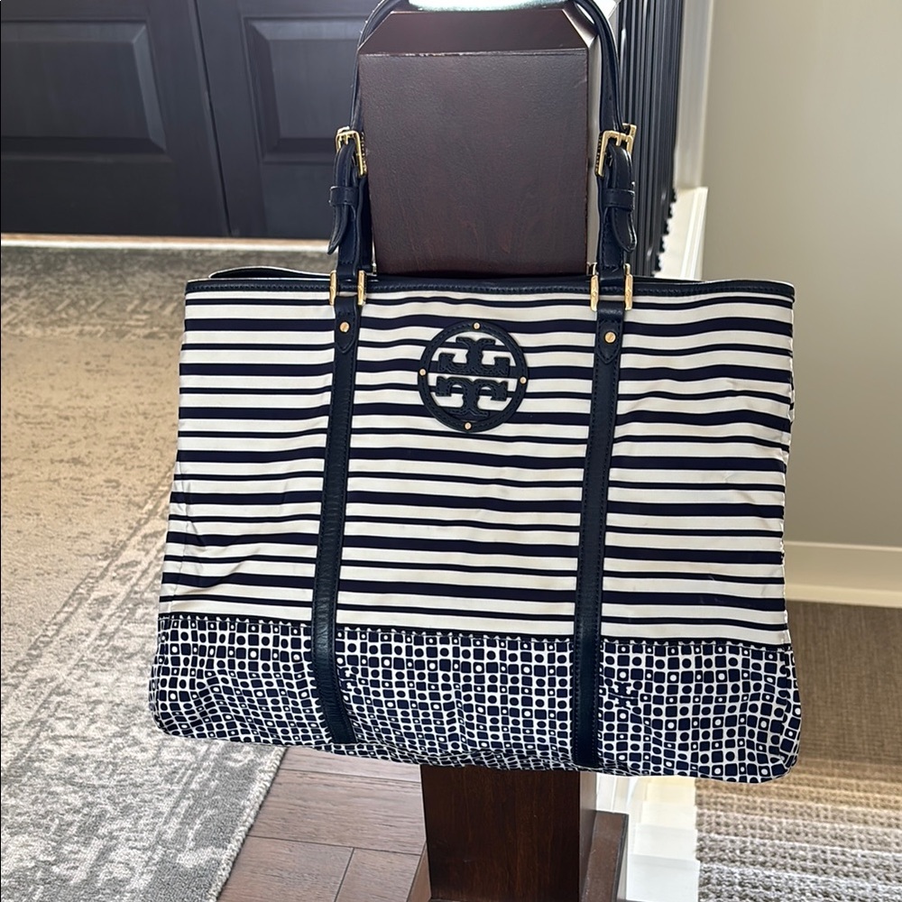 Tory Burch Navy and White Striped Women's Tote Bag